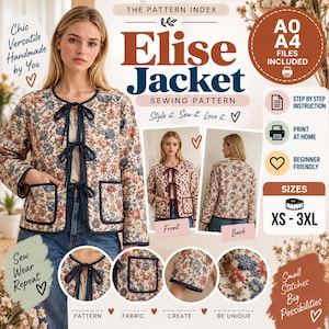 Op de afbeelding: Een naaipatroon voor de Elise-jas, met een jas met bloemenprint, drie strikbandjes aan de voorzijde en opgestikte zakken. Inclusief A0- en A4-bestanden, stapsgewijze instructies en maten XS-3XL. Het ontwerp wordt getoond in voor- en achteraanzicht.