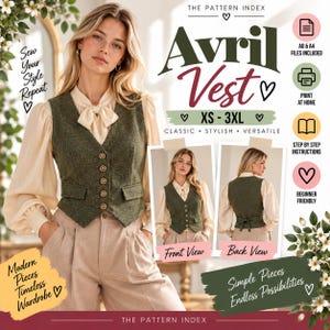 Könnte beinhalten: Ein Schnittmuster für eine olivgrüne Weste mit dem Titel Avril Vest, mit V-Ausschnitt, fünf goldenen Knöpfen und zwei Vordertaschen. Das Schnittmuster enthält die Größen XS-3XL, A0- und A4-Dateien, eine Schritt-für-Schritt-Anleitung sowie Vorder- und Rückansichten.