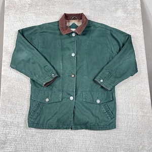 St Johns Bay Green Canvas Barn Jacket Plaid Lined Corduroy Collar Petite Medium