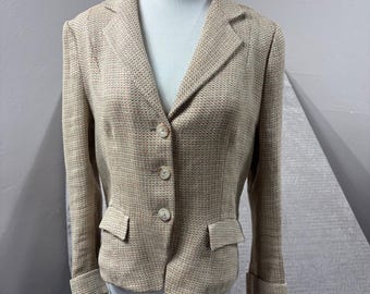 Ralph Lauren Blue Label Italy Linen Wool Blazer Tan Textured Jacket Size 12