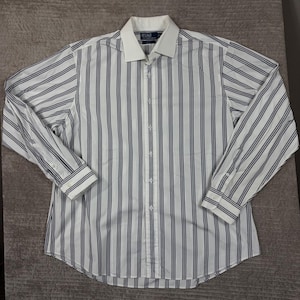 Camicia elegante a righe vintage Polo Ralph Lauren Regent Custom Fit, bianca e blu navy, taglia 18 XXL.