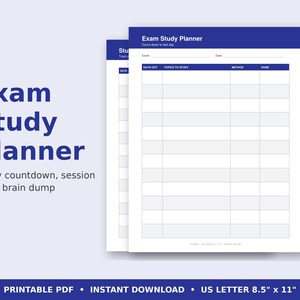 Könnte beinhalten: Ein druckbares Exam Study Planner Dokument mit den Maßen 21,59 cm mal 27,94 cm. Die weiße Seite hat eine dunkelblaue Kopfzeile mit dem Text Exam Study Planner, gefolgt von Spalten für Days Out, Topics to Study, Method und Done zur Planung.