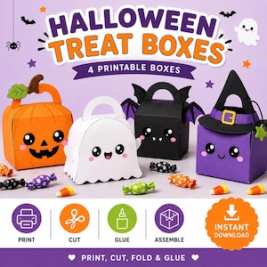 Può includere: Quattro scatole per dolcetti di Halloween stampabili con disegni di zucca, fantasma, pipistrello e cappello da strega. Il set include il testo HALLOWEEN TREAT BOXES 4 PRINTABLE BOXES e icone per stampare, tagliare, incollare e assemblare.