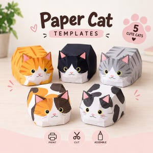 Puede incluir: Cinco plantillas de gatos de papel que incluyen un gato atigrado naranja, uno blanco y negro, uno atigrado gris, uno tricolor y uno blanco con manchas negras. El texto dice Paper Cat TEMPLATES, 5 CUTE CATS, PRINT, CUT y ASSEMBLE con iconos.