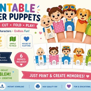 Peut inclure: Un ensemble de marionnettes à doigts imprimables comprenant six personnages colorés : un bébé, une fille, un garçon, un chien, un dragon et un pingouin. L'image montre les marionnettes assemblées sur des doigts et les modèles à plat avec texte.