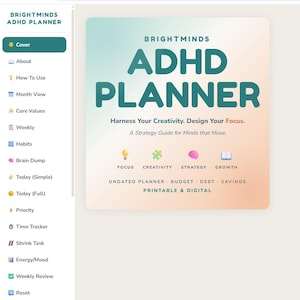 Op de afbeelding: Een digitale Brightminds ADHD Planner-interface met een verloopachtergrond en de tekst Brightminds ADHD Planner, Harness Your Creativity. Design Your Focus. A Strategy Guide for Minds that Move. Bevat iconen voor Focus, Creativity, Strategy, Growth, en labels voor Undated Planner, Budget, Debt, Savings, Printable & Digital.