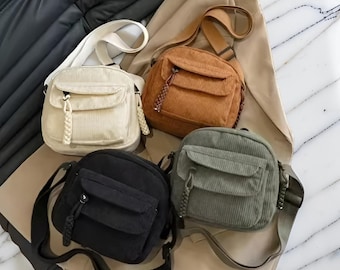 Corduroy Crossbody Bag, Small Camera Bag with Flap Pocket, Adjustable Strap Shoulder Purse, Minimalist Everyday Sling, Gift for Her