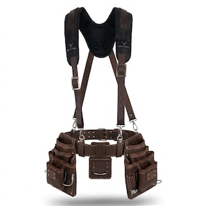 May include: A brown leather tool belt with multiple storage pouches and a black padded shoulder harness. The harness features adjustable straps with metal buckles and a mesh back panel. The Oxen Leather logo is printed on the shoulder straps.