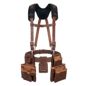 May include: A brown leather tool belt with integrated suspenders featuring black padded shoulder straps. The system includes multiple storage pouches, metal buckles, and a central metal hammer loop, with the brand name Oxen Leather printed on the shoulder pads.