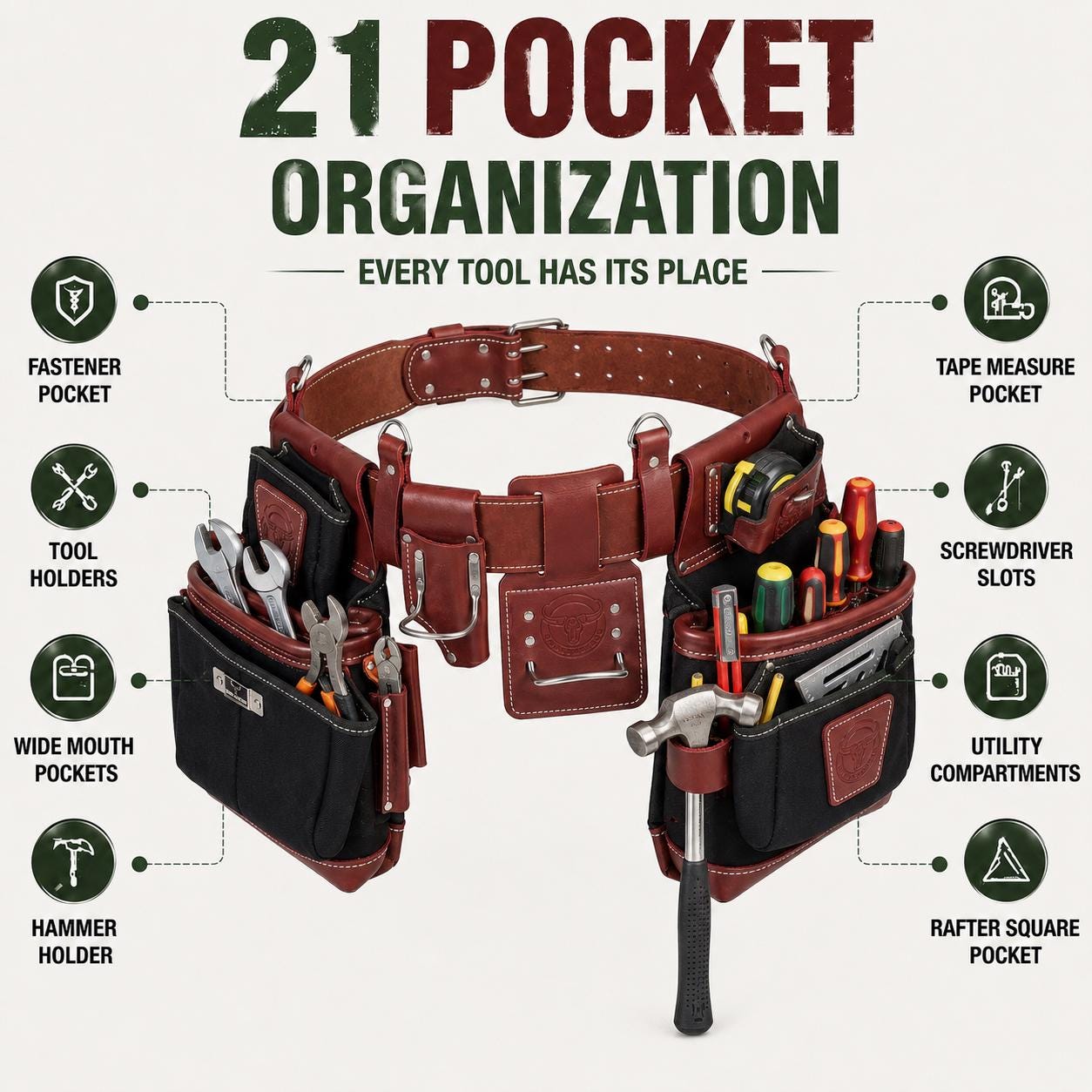 Handmade Leather Nylon Carpenter Tool Belt 21 Pocket Professional Organizer for Men