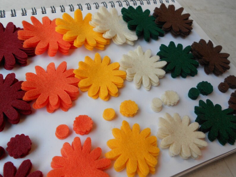 120 piece set - Harvest fall mix of felt flower kit felt flowers die cut outs in thanksgiving halloween christmas colors back to school image 3