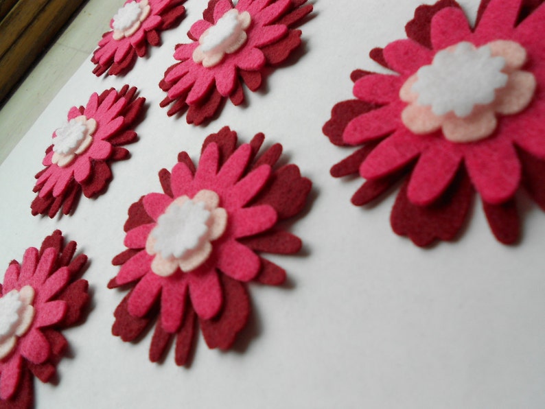 24 piece set die cut felt 4 layers in flower 6 flower set ombre wildflower felt flower pieces burgundy magenta pink white back to school image 2