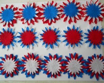 45 pieces fourth of july 4th of july fireworks flowers patriotic felt flowers red, white and blue die cut pieces back to school