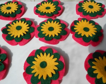 9 CUTE felt flower magnets - large- bold colors-  dark green, pink, deep yellow with a green center spring back to school