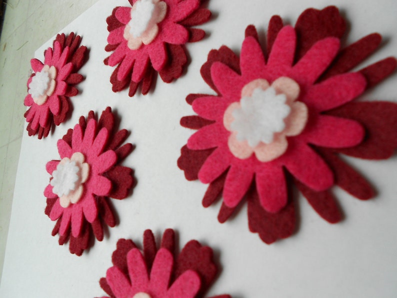 24 piece set die cut felt 4 layers in flower 6 flower set ombre wildflower felt flower pieces burgundy magenta pink white back to school image 3