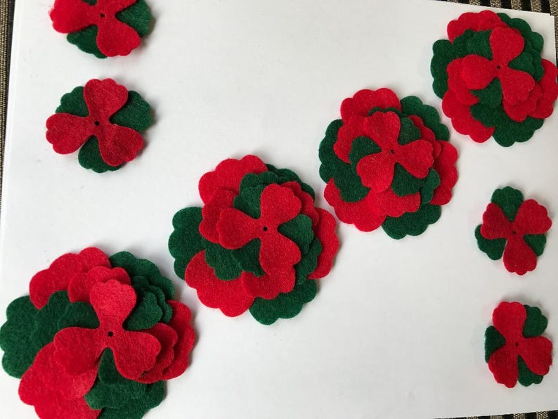 Christmas Xmas felt flowers Christmas flowers red and green Etsy