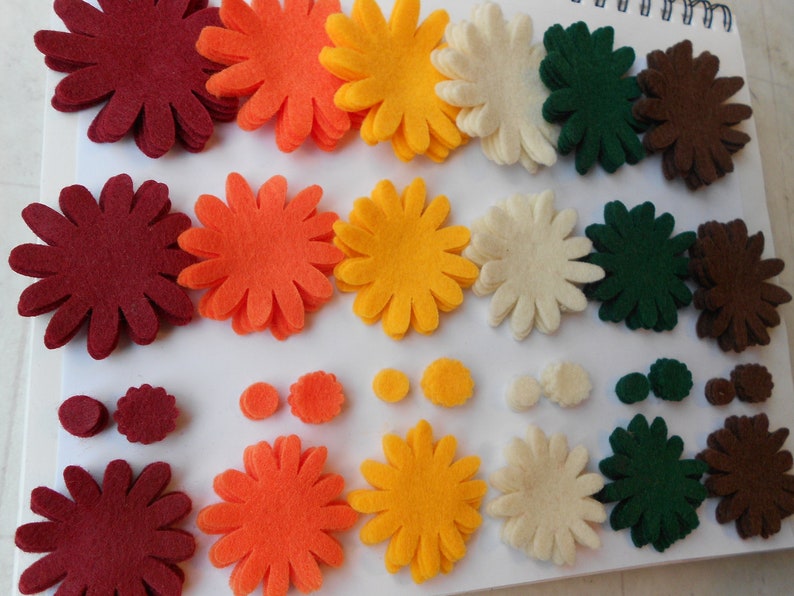 120 piece set - Harvest fall mix of felt flower kit felt flowers die cut outs in thanksgiving halloween christmas colors back to school image 5