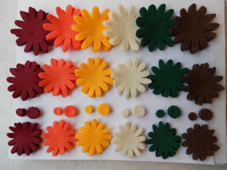 120 piece set - Harvest fall mix of felt flower kit felt flowers die cut outs in thanksgiving halloween christmas colors back to school image 4