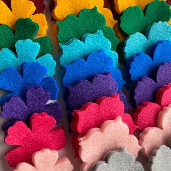 150 piece set felt flowers boho mod colors 10 colors 5 shapes 3 of each- spring, summer, mothers day, back to school.