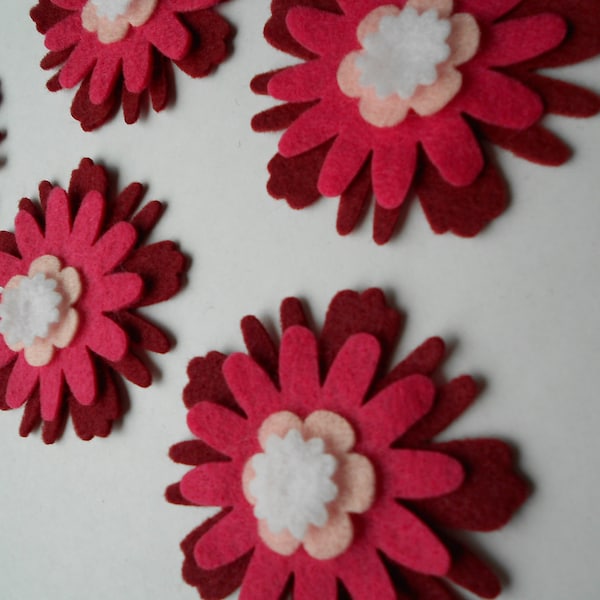 24 piece set die cut felt - 4 layers in flower 6 flower set ombre wildflower felt flower pieces burgundy magenta pink white back to school