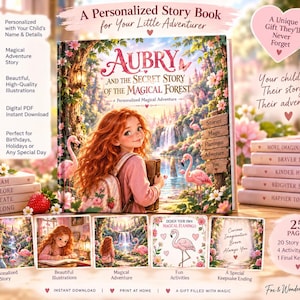 以下が含まれることがあります： Aubry and the Secret Story of the Magical Forestというタイトルのパーソナライズされた絵本。赤毛の子供、ピンクのフラミンゴ、滝が描かれています。表紙にはテキストがあり、セットには5冊の追加の本と、物語のイラストを示す5つの小さな正方形のプレビュー画像が含まれています。