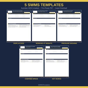 Puede incluir: Cinco plantillas digitales de Declaración de Método de Trabajo Seguro con fondos blancos y encabezados y texto en azul oscuro. Los documentos incluyen secciones para detalles del trabajo, alcance y normas legislativas para acceso con cuerdas, trabajo en altura, lavado a presión, espacios confinados y trabajos en caliente.