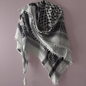 Palestinian Keffiyeh Scarf, Black White Geometric Pattern, Fringed Shawl Wrap (48x48 Inch)