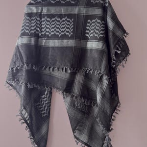 Black Silver Keffiyeh Scarf, Traditional Geometric Pattern, Fringed Shawl Wrap (48x48 Inch)
