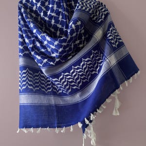 Royal Blue Palestinian Keffiyeh Scarf, Geometric Pattern, Fringed Shawl (48x48 Inch)