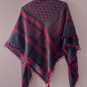 Palestinian Keffiyeh Scarf, Black Red Geometric Pattern, Fringed Shawl Wrap (48x48 Inch)
