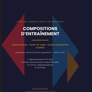 Peut inclure: Une couverture de livret pédagogique bleu foncé intitulée COMPOSITIONS D'ENTRAÎNEMENT. Elle présente des formes géométriques rouges, bleues et brunes. Le texte inclut : Quatre thèmes, Trente-six sujets, Quatre dissertations modèles et Agrégation interne.