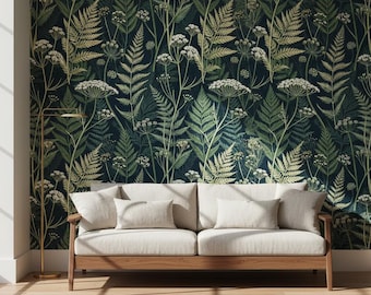 Dark Botanical Fern Peel and Stick Wallpaper, Moody Vintage Floral Wall Decal