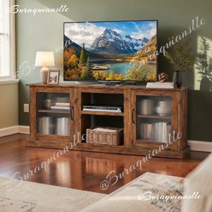 May include: A rustic brown wooden media console featuring two side cabinets with vertical ribbed glass doors, a central open shelf with a woven basket, and a flat top surface supporting a large flat-screen television displaying a mountain landscape.