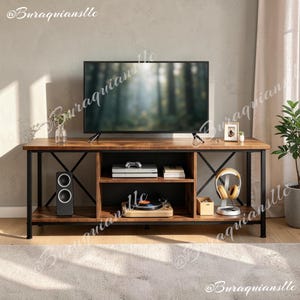 May include: A rectangular media console featuring a dark brown wood-grain finish top and shelves supported by a black metal frame with X-shaped side supports. The unit includes open shelving for electronics, a speaker, and a record player.