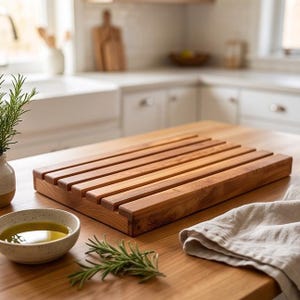 May include: A rectangular wooden cutting board featuring a series of parallel grooves across its surface. The board is crafted from light brown wood with a visible grain pattern, positioned on a wooden countertop alongside a small bowl of oil.