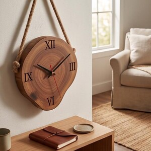 May include: A round wall clock made from a natural wood slice with visible grain patterns. It features black Roman numerals at the XII, III, VI, and IX positions, black hour and minute hands, a thin red second hand, and a thick jute rope hanger.