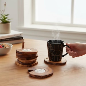 Puede incluir: Una taza de cerámica negra con líneas geométricas doradas sobre un posavasos de madera. Una pila de cuatro posavasos de madera a juego con incrustaciones circulares blancas está cerca, con otro posavasos colocado plano sobre la mesa.
