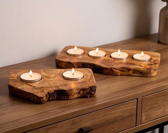 Handcrafted Olive Wood Live Edge Tea Light Holder, Rustic Votive Candle Stand (1-5 Hole)