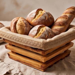 Op de afbeelding: Een vierkante houten mand met een lichtbruine stoffen voering met daarin drie ronde broden en een lang stokbrood. De mand is voorzien van horizontale houten latten en een gestructureerde, geweven rand langs de bovenkant van de voering.