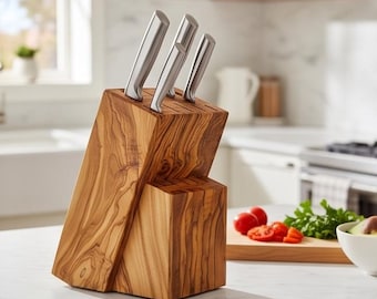Bloque para cuchillos de madera de olivo hecho a mano, organizador de cocina con múltiples ranuras (cuchillos no incluidos).