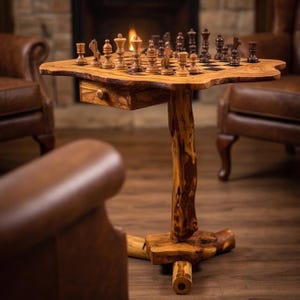 May include: A wooden chess table with a live edge top, a single drawer, and a central pedestal base. The table features a built-in chessboard with light and dark squares, topped with a full set of carved wooden chess pieces in light and dark tones.