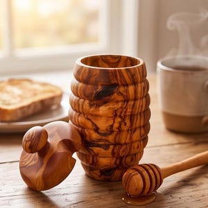 Puede incluir: Un tarro de miel cilíndrico de madera con un exterior acanalado y un patrón de grano natural, acompañado de una tapa extraíble a juego con un pequeño pomo y un cucharón de miel de madera que descansa cerca con un poco de miel en la punta.