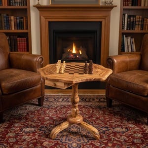Peut inclure: Une table sur pied en bois avec un bord naturel, dotée d'un tiroir intégré et d'un plateau avec un échiquier incrusté. La table est soutenue par une colonne centrale sculptée et trois pieds incurvés, avec des pièces d'échecs en bois clair et foncé.