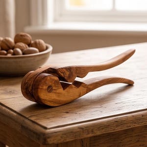 May include: A wooden nutcracker with a natural grain pattern and a smooth finish. The tool features two long, curved handles connected by a hinge, with a jagged, V-shaped interior section designed for cracking shells, resting on a wooden surface.