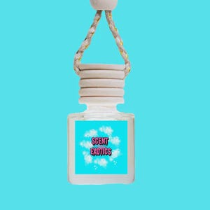 May include: A small, square glass car air freshener bottle with a ribbed white wooden cap and a braided hanging cord. The front label features a bright blue background with white cloud illustrations and the text SCENT EXOTICS in pink letters.