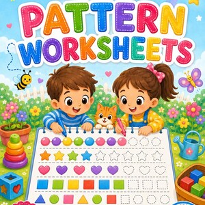 Peut inclure: Un livre d'activités numérique Kids Pixel Pattern Worksheets de 25 pages au format PDF. La couverture montre deux enfants coloriant des formes sur une feuille avec un chat, une abeille, un papillon et un arc-en-ciel dans un jardin.
