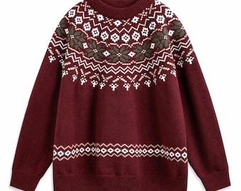 Men’s Fair Isle Sweater, Retro Nordic Pattern Crew Neck Knit Pullover