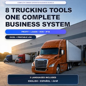 May include: A digital download business bundle for trucking featuring text that reads: HAUL LEDGER CO, COMPLETE OWNER OPERATOR BUSINESS BUNDLE, 8 TRUCKING TOOLS ONE COMPLETE BUSINESS SYSTEM, PROFIT, LOADS, HOS, IFTA, EXCEL + PRINTABLE LOG, 3 LANGUAGES INCLUDED.
