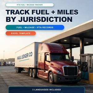 Op de afbeelding: Een digitale Excel-sjabloon voor het bijhouden van brandstof en kilometers voor IFTA door Haul Ledger Co. De afbeelding toont een rode vrachtwagen bij een tankstation met de tekst Track Fuel + Miles By Jurisdiction, Fuel • Mileage • IFTA Records en 3 Languages Included English • Español • ਪੰਜਾਬੀ.