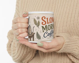 Långsam morgonmugg | Retro blommig kaffeillustration